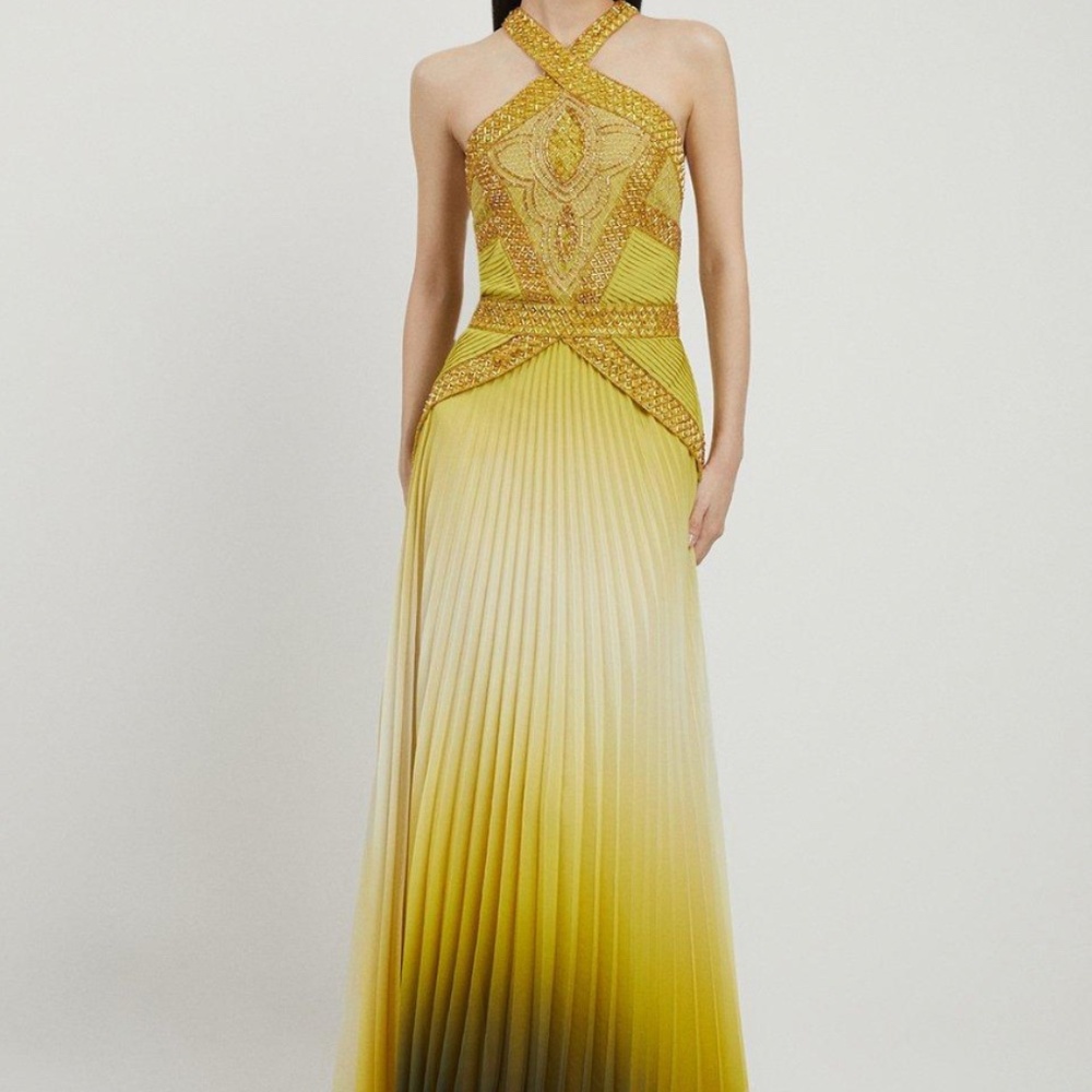 Karen Millen Maxi Dress; Geo Embellished Ombre Pleated Woven Maxi Dress